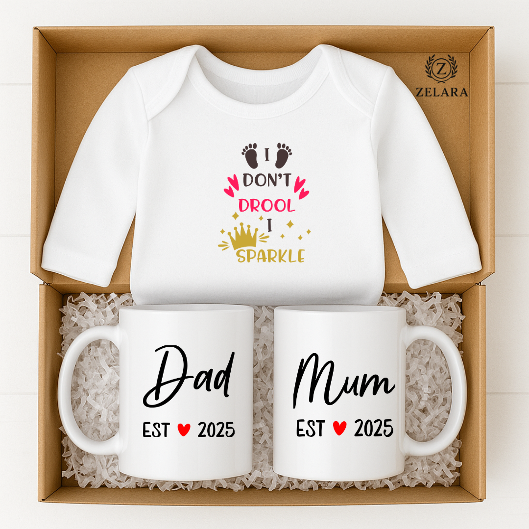 New Baby Girl Parents Gift Set - I don't drool I sparkle