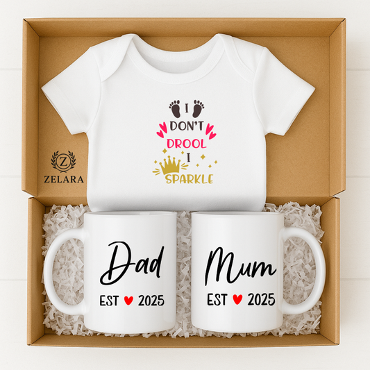 New Baby Girl Parents Gift Set - I don't drool I sparkle